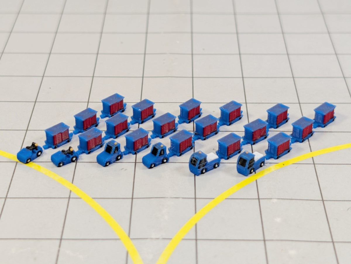 Tug & Dolly Baggage Trailers (6x Southwest Blue) Airport GSE Vehicle 1:400 Scale