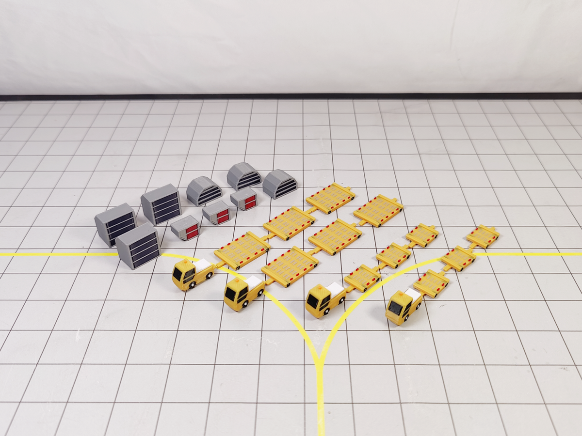 4x DHL Yellow Tug & Dolly ULD Cargo Trailers Airport GSE Models 1:200 Scale