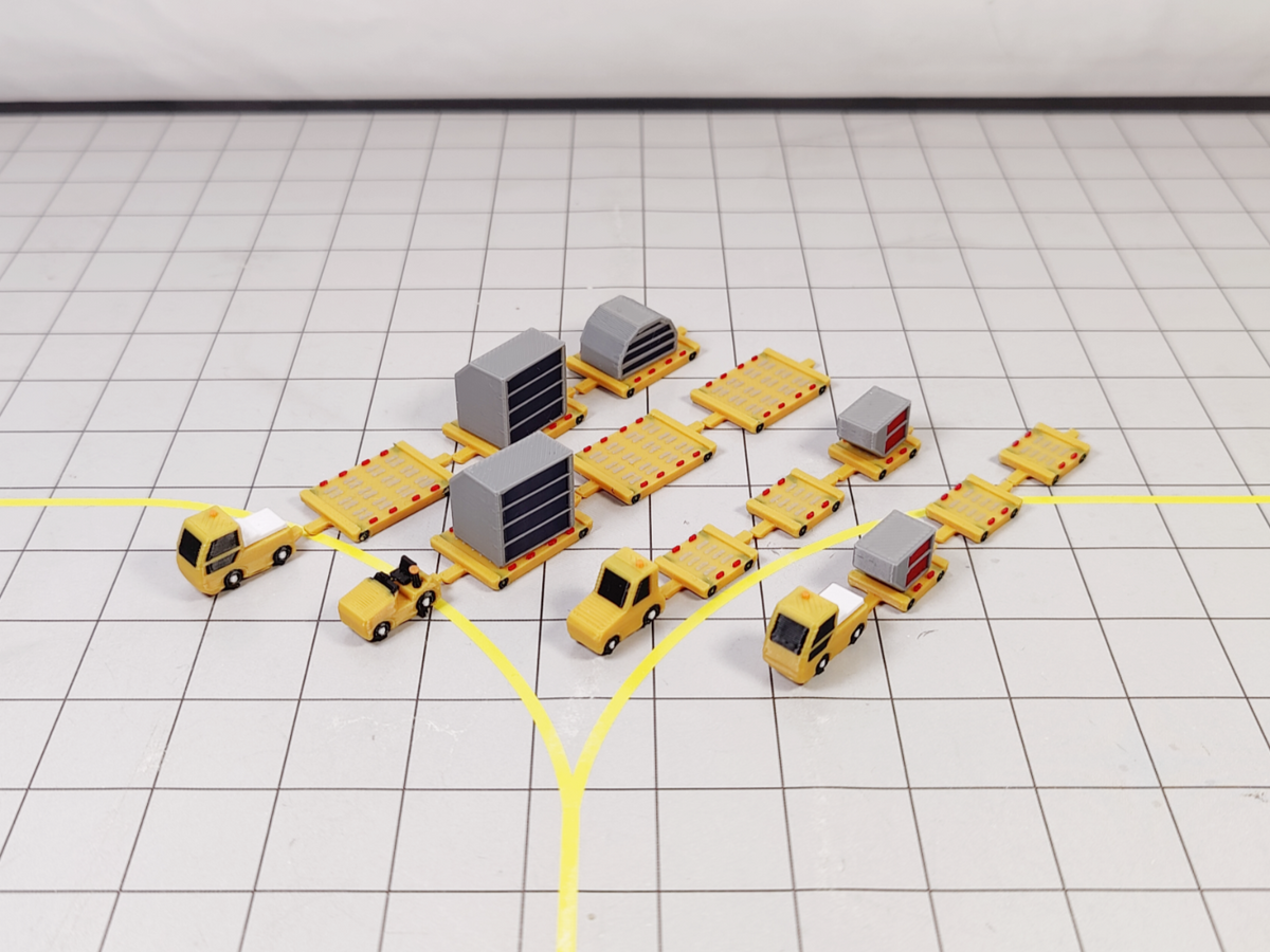 4x DHL Yellow Tug & Dolly ULD Cargo Trailers Airport GSE Models 1:200 Scale
