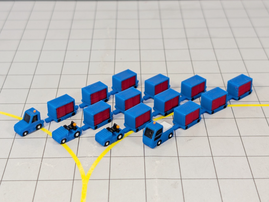 Tug & Dolly Baggage Trailers (4x Southwest Blue) Airport GSE Vehicle 1:200 Scale