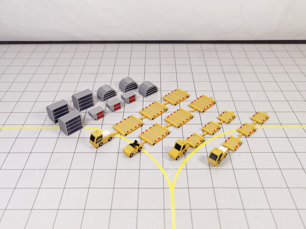4x DHL Yellow Tug & Dolly ULD Cargo Trailers Airport GSE Models 1:200 Scale