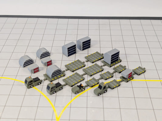 Military Tug & Dolly ULD Cargo Trailers (4x Green) Airport GSE Model 1:200 Scale